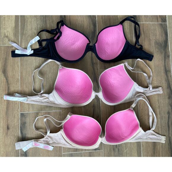 Victoria's Secret PINK Lightly Lined Bra 3 Pack 32D Beige and Black - Picture 7 of 8